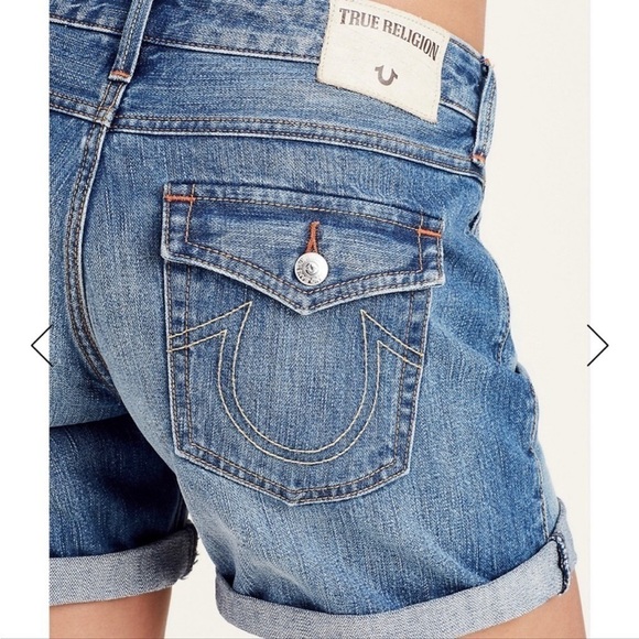 True Religion Emma Bermuda Blue Denim Mid Rise Raw Hem Size 32 Rigid Jean Shorts - Picture 12 of 16